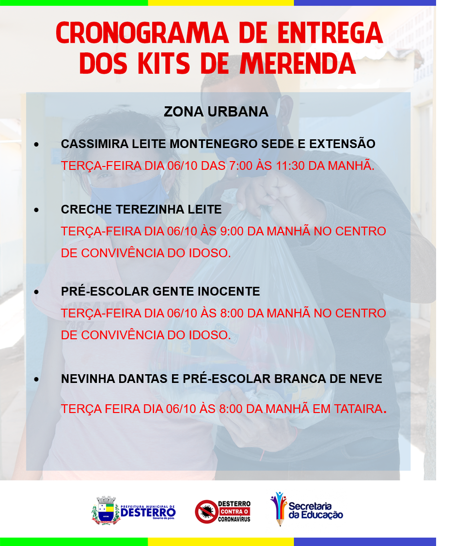 Prefeitura Municipal de Desterro começará a entregar os kits de merenda do mês de outubro nesta terça-feira, dia 06/10/2020.
