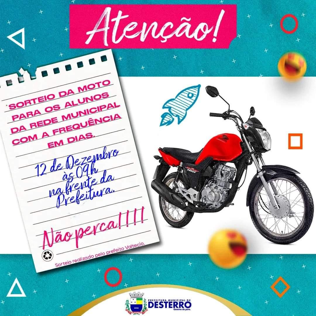 Município realizará sorteio de moto zero km para alunos na rede municipal de ensino