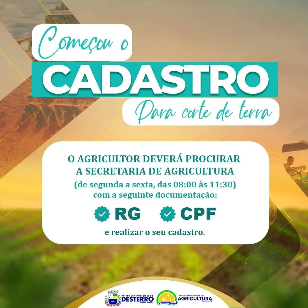 Vai começar o cadastro para o corte de terra.